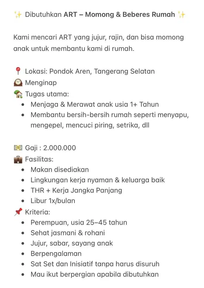 Dibutuhkan ART Momong & Beberes
