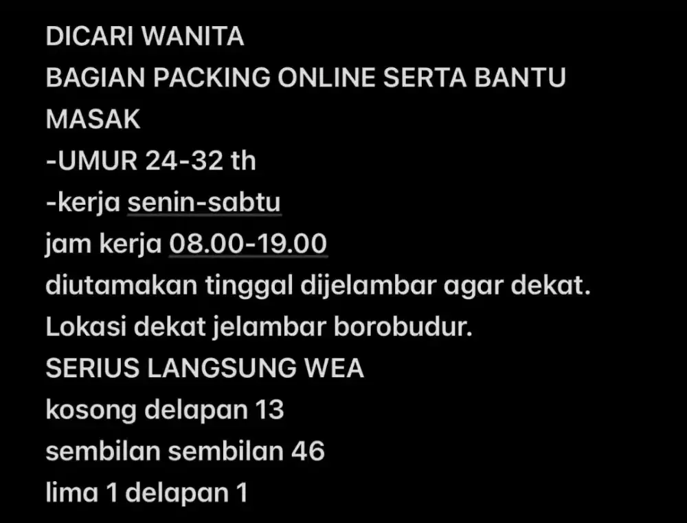 DICARI WANITA PACKING ONLINE
