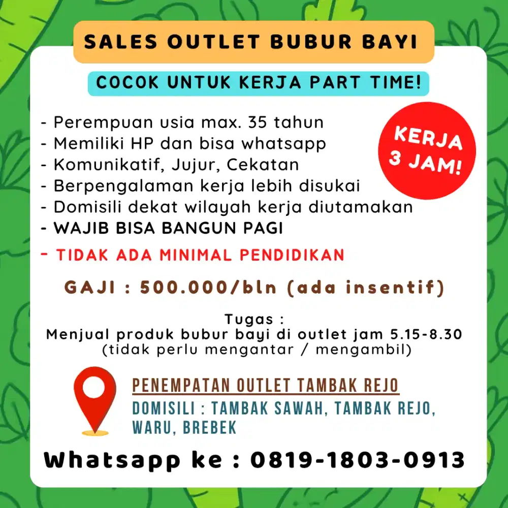 Lowongan kerja sebagai Sales Outlet