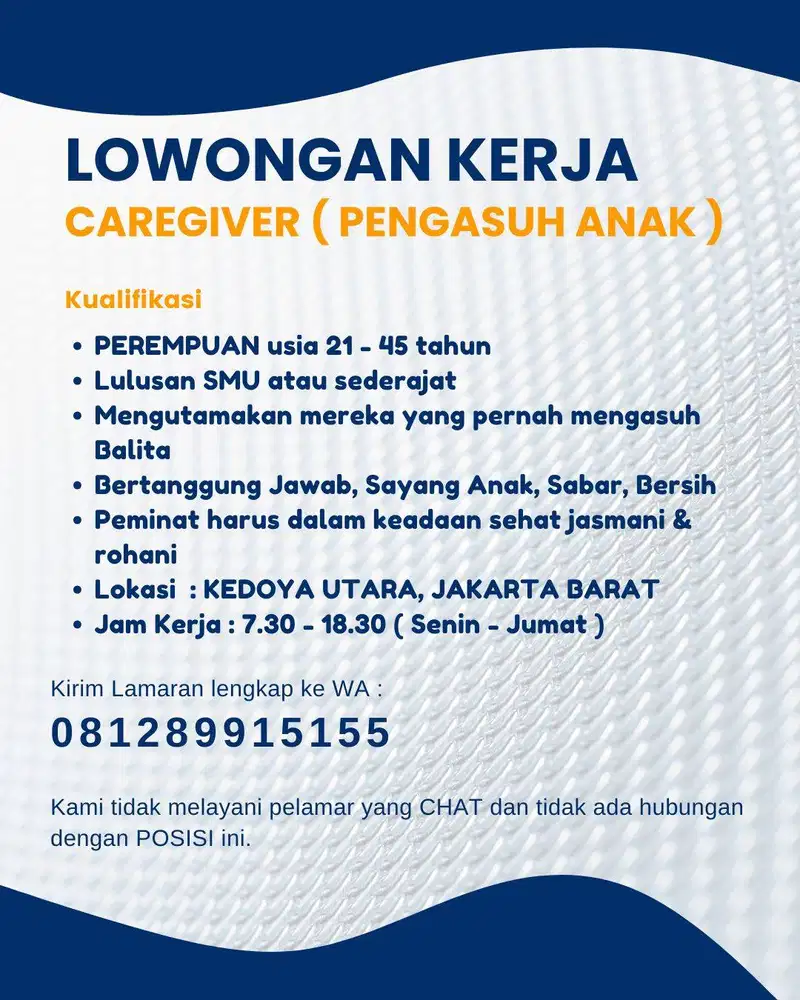 LOWONGAN PENGASUH ANAK DAYCARE KEDOYA JAKARTA BARAT