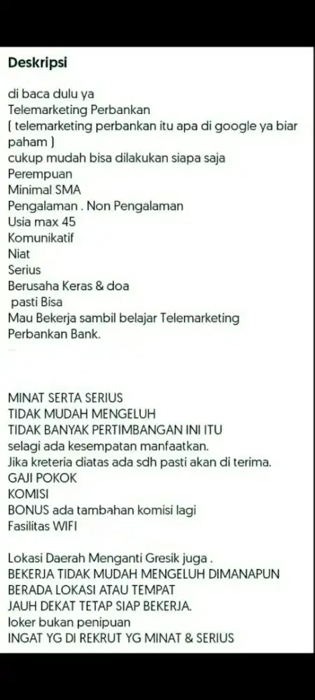 Loker Telemarketing Perbankan Bank utk Karyawati area Menganti&Sekitar