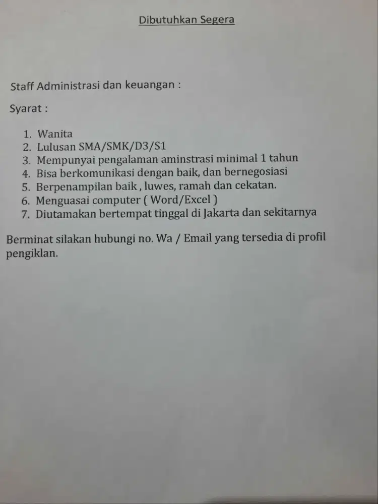 Dibutuhkan staff Administrasi dan keuangan