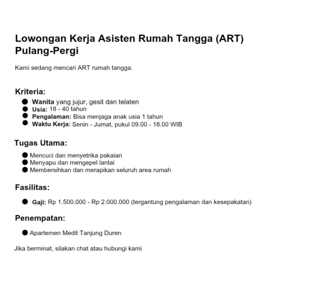 Dibutuhkan ART PP Bisa Momong Anak - Jak Barat
