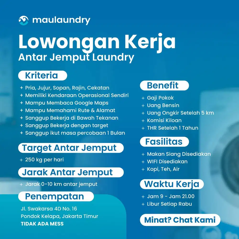 Lowongan Kerja (Loker) Laundry - Kurir Antar Jemput - Pondok Kelapa