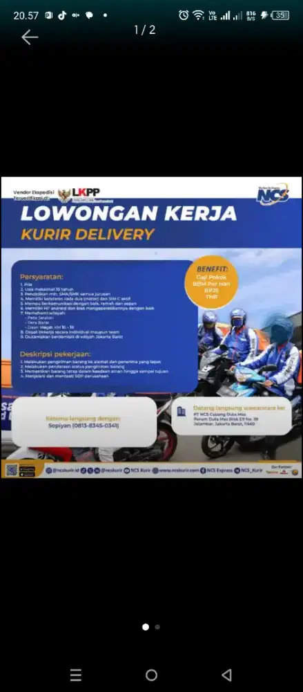 DIBUTUHKAN KURIR ANTAR PAKET & DOKUMEN