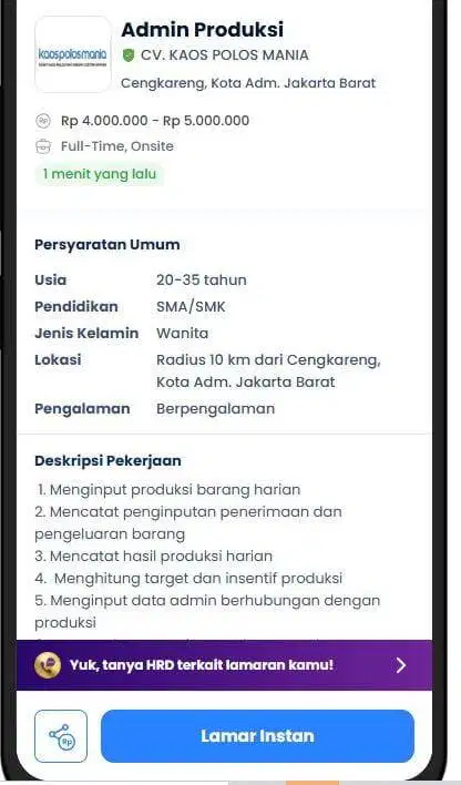Lowongan Admin Produksi