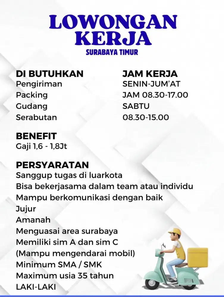 DIBUTUHKAN PEGAWAI KURIR SERABUTAN
