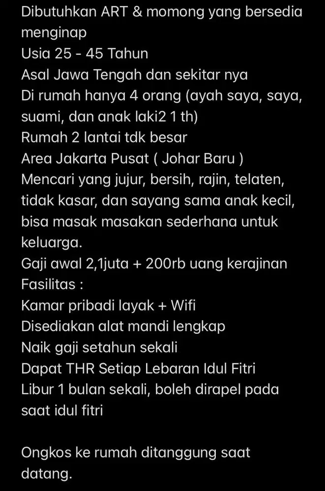 Dibutuhkan ART + Momong ank usia 16 Bulan