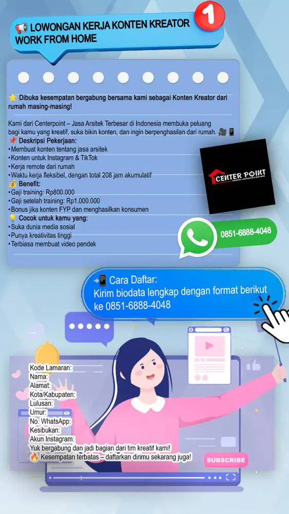 Dibutuhkan konten kreator kerja di rumah masing masing