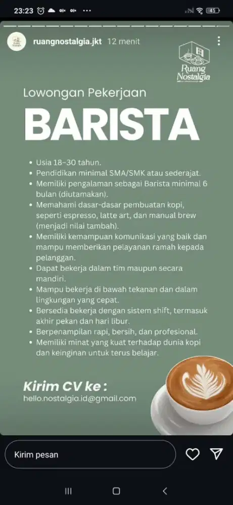 Lowongan kerja barista dan kopi keliling