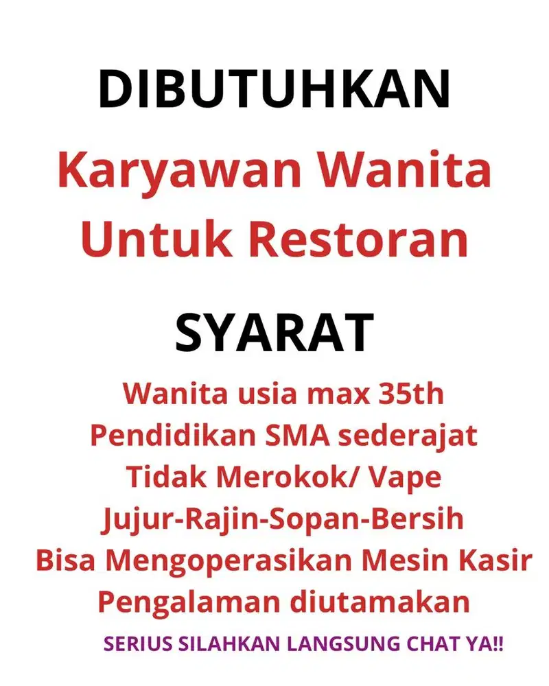 Butuh karyawan wanita untuk kasir