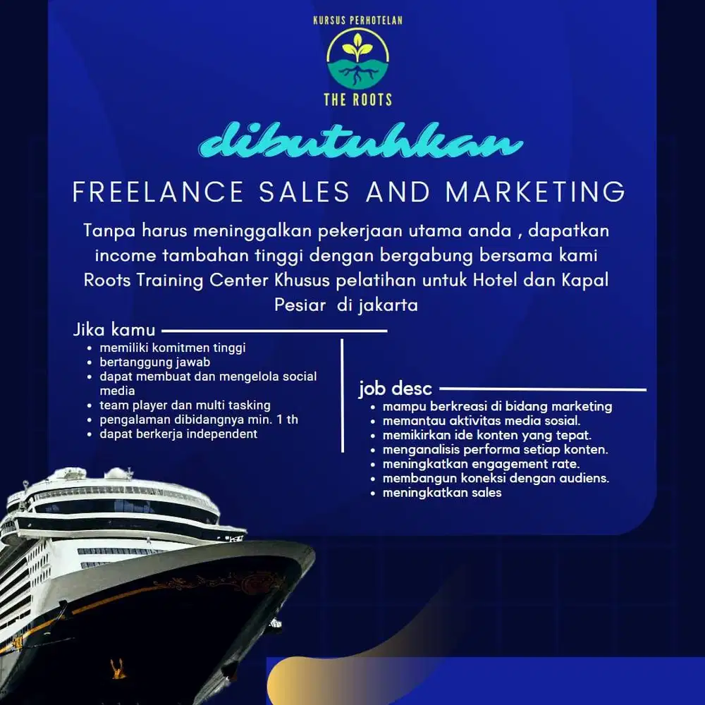 Di butuhkan marketing freelance untuk pelatihan siap kerja