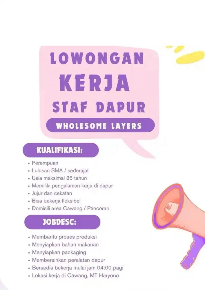 Dibutuhkan Staff Dapur wilayah cawang