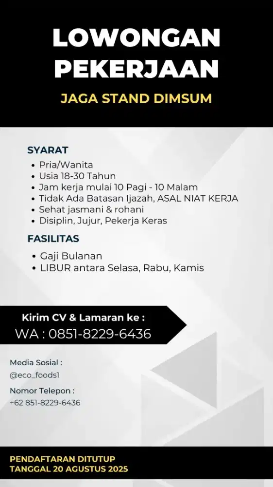 Lowongan Kerja Sebagai SPG / SPB Stand Dimsum