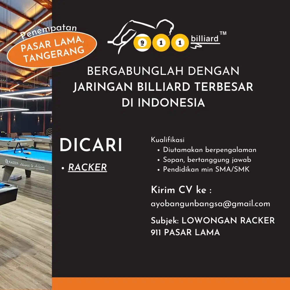 Lowongan kerja RACKER Billiard cabang Pasar Lama Tangerang