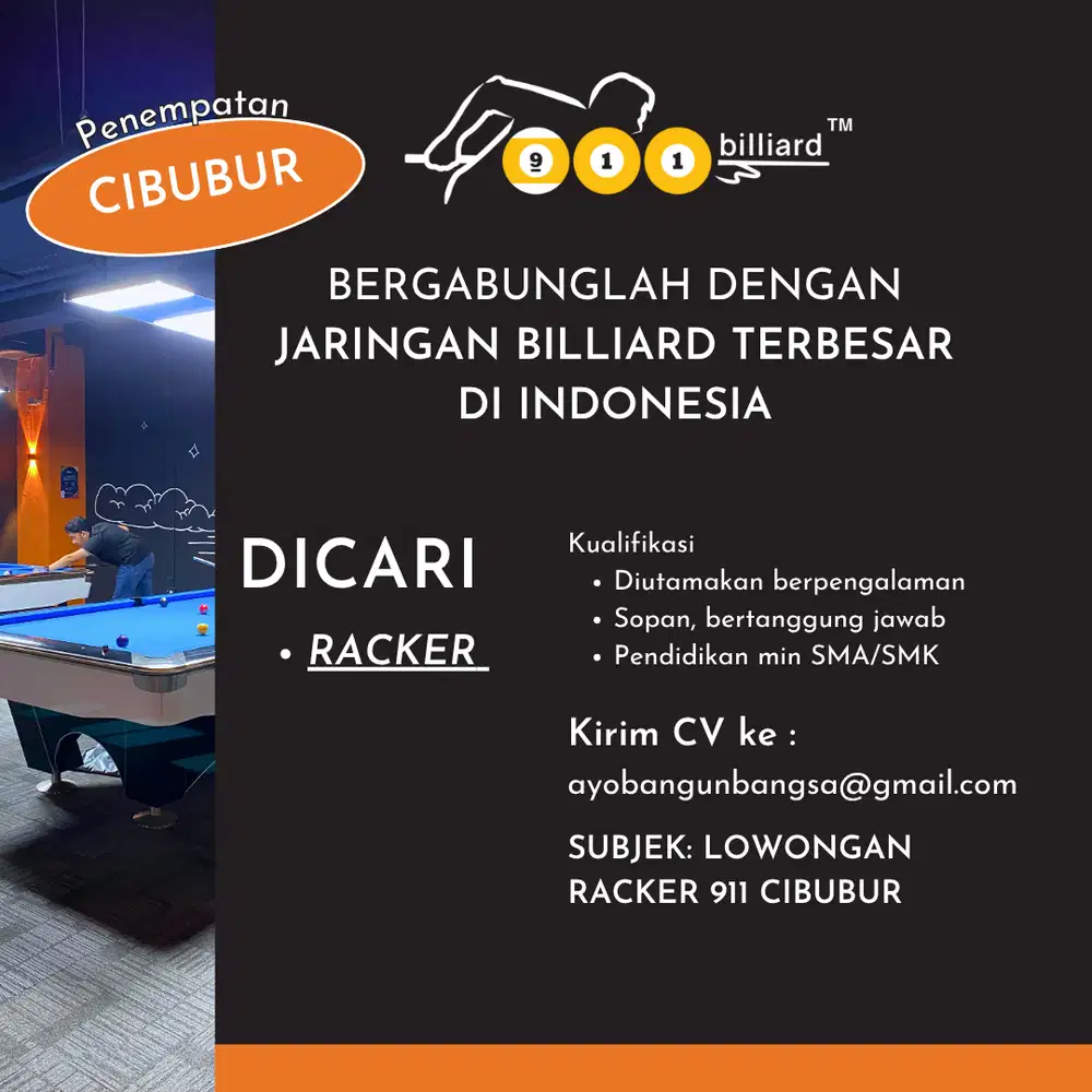 Lowongan kerja RACKER Billiard cabang Cibubur