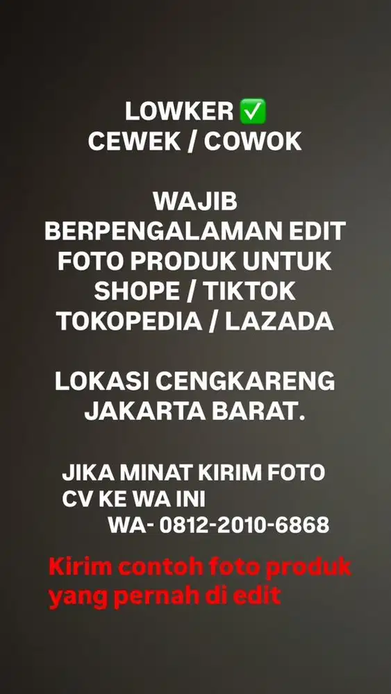 Lowangan kerja khusus cewek dan cewek yang berpengalaman editan foto