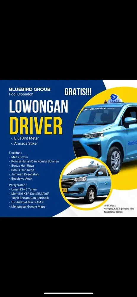 Lowongan Driver/Pengemudi Taksi Langsung kerja