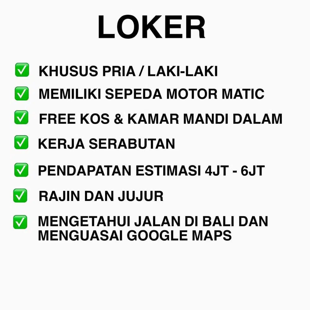 Lowongan Pekerjaan LOKER Dicari pekerja untuk bekerja di Denpasar Bali