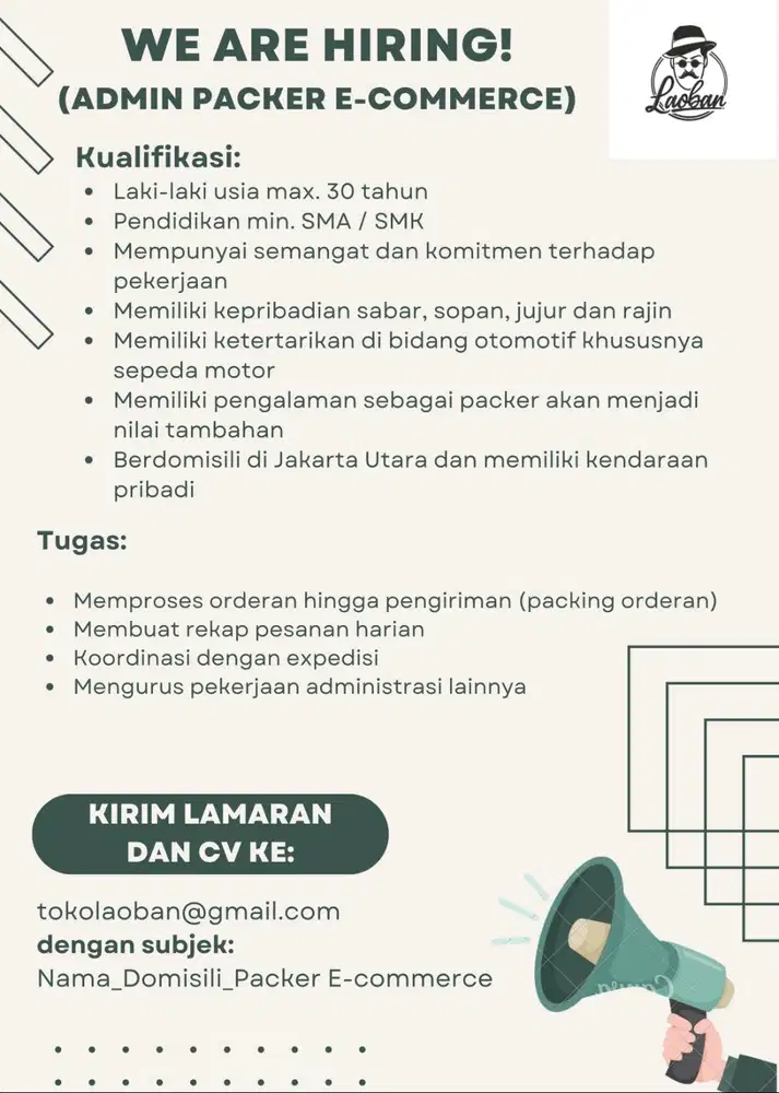 Lowongan Admin Packer Marketplace E-commerce