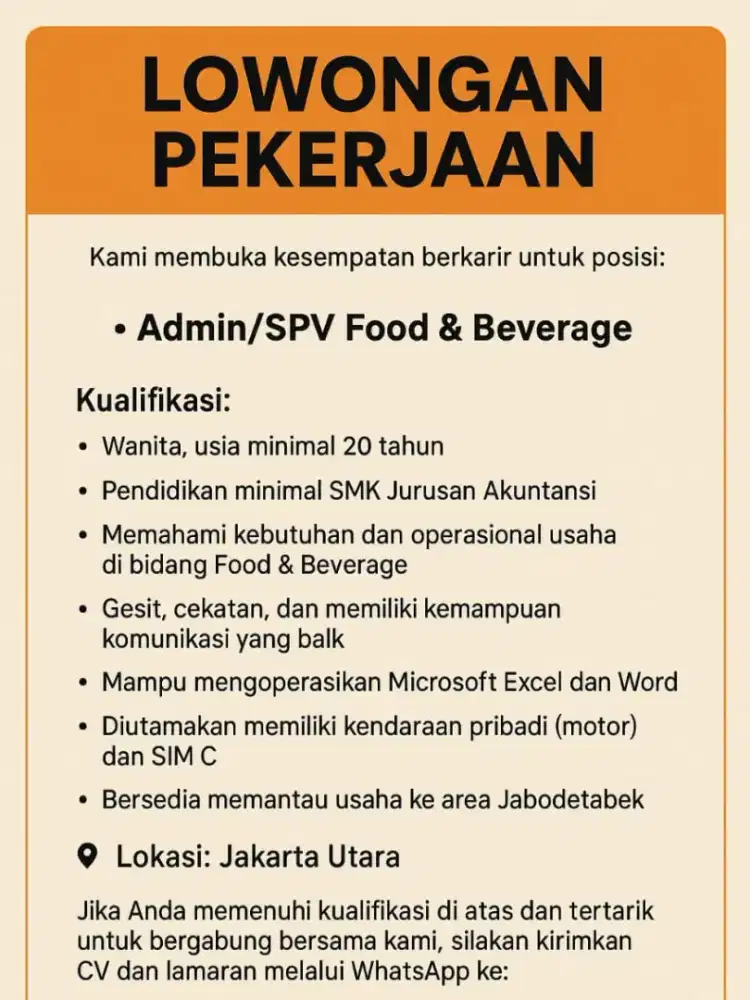 Lowongan Kerja Admin / SPV Food & Beverage