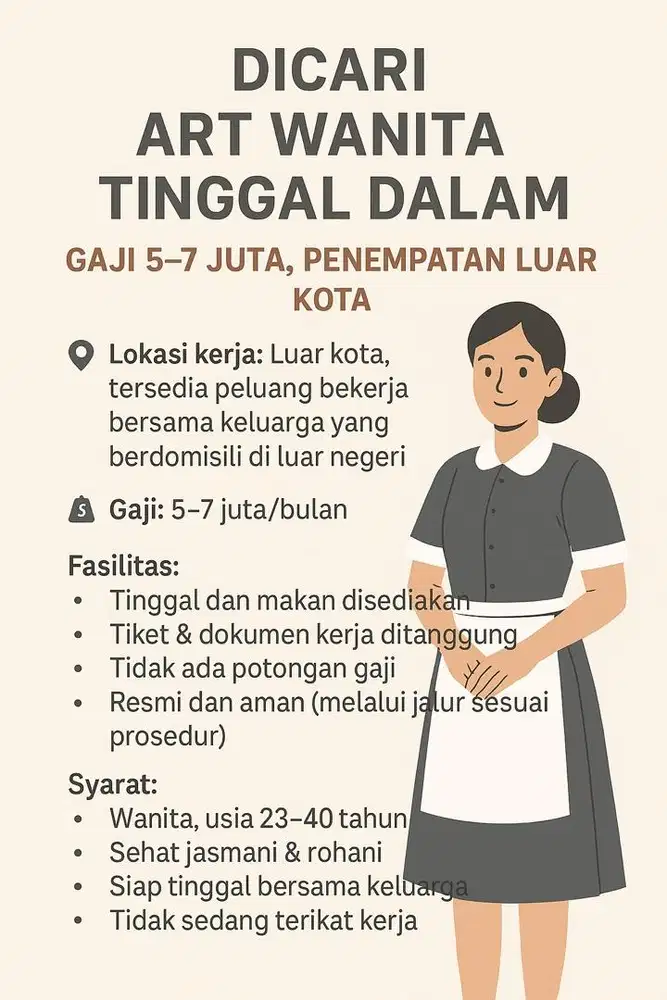 Dicari ART Wanita Tinggal Dalam – Gaji 5-7 Juta, Penempatan Luar Kota