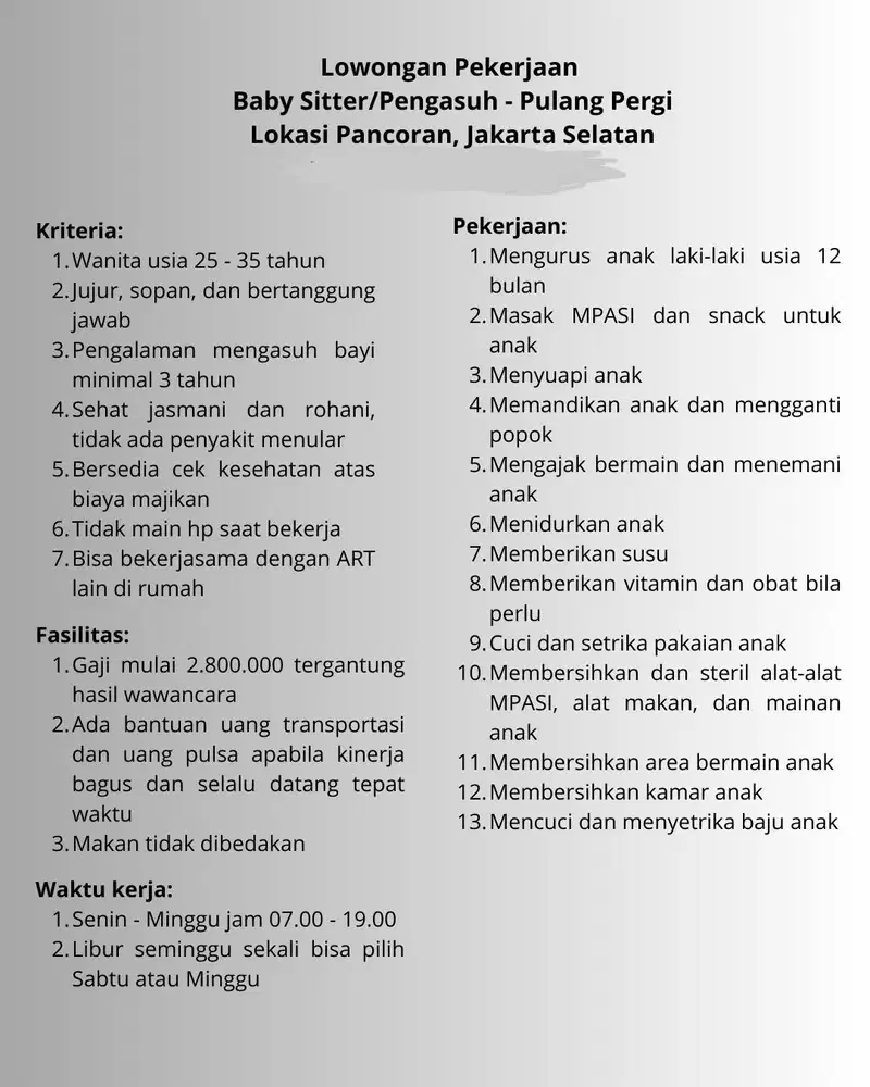 Cari baby sitter pancoran jakarta Selatan