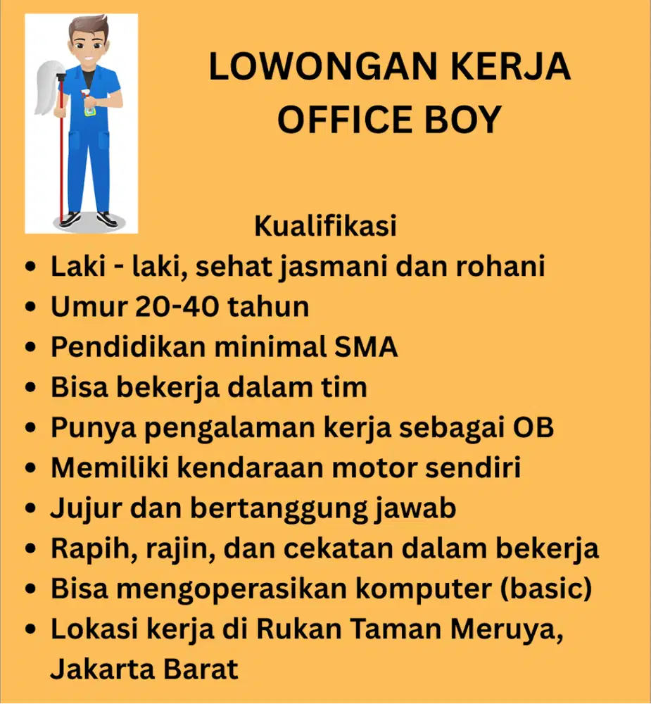Lowongan Kerja OFFICE BOY di Rukan Taman Meruya Jakarta Barat