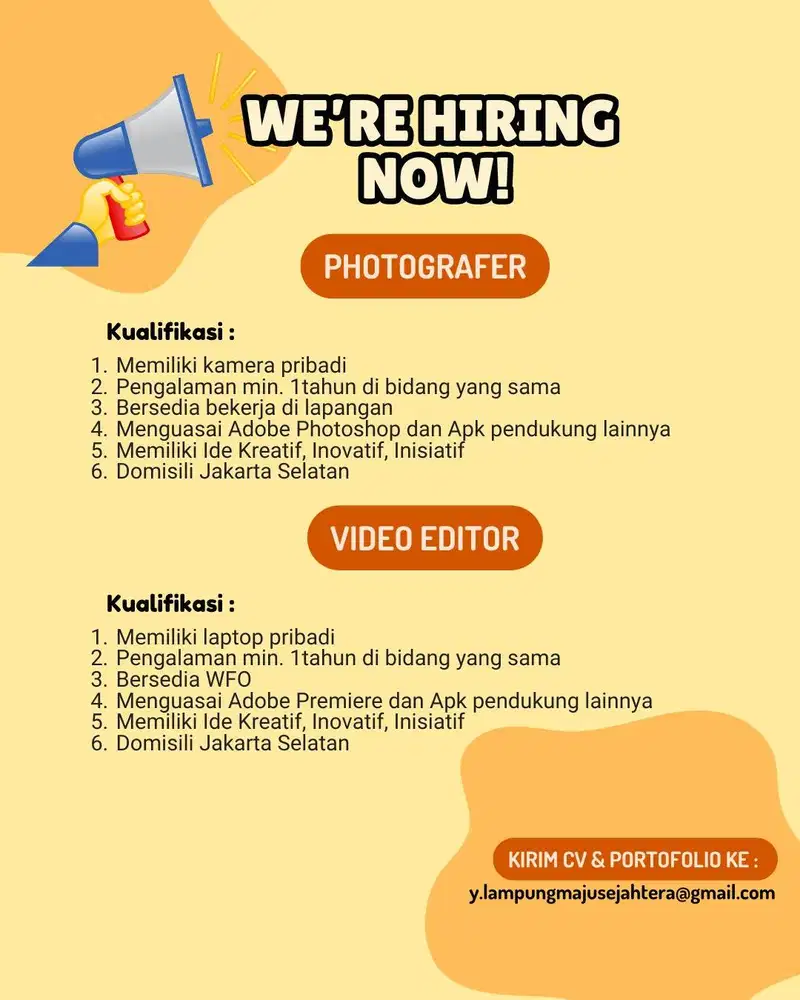 LOWONGAN PEKERJAAN PHOTOGRAFER DAN VIDEO EDITOR