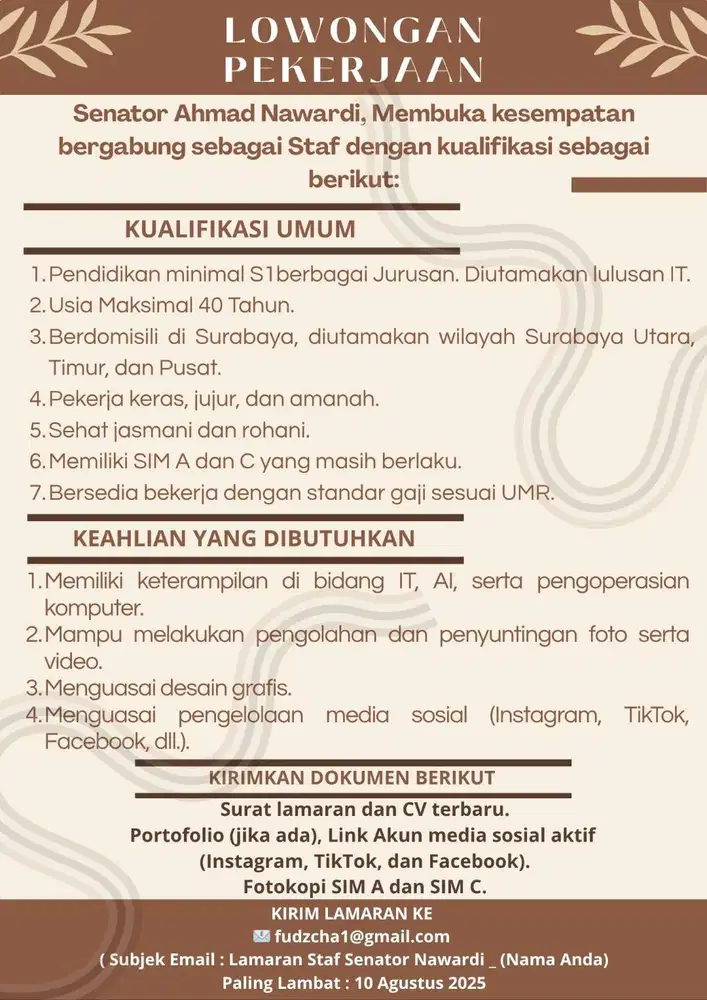 LOWONGAN PEKERJAAN STAF SENATOR (ANGGOTA DPD RI)