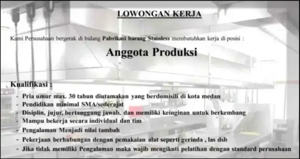 Lowongan kerja pria pabrik perabotan Stainless