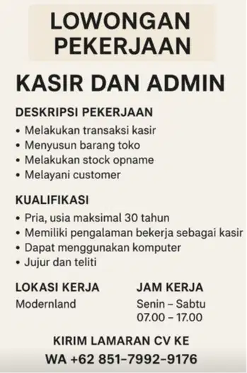 Lowongan Pekerjaan Untuk Kasir / Admin