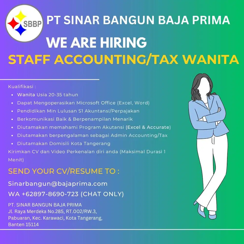DI CARI CEPAT Staff Admin ACCOUNTING/TAX Wanita