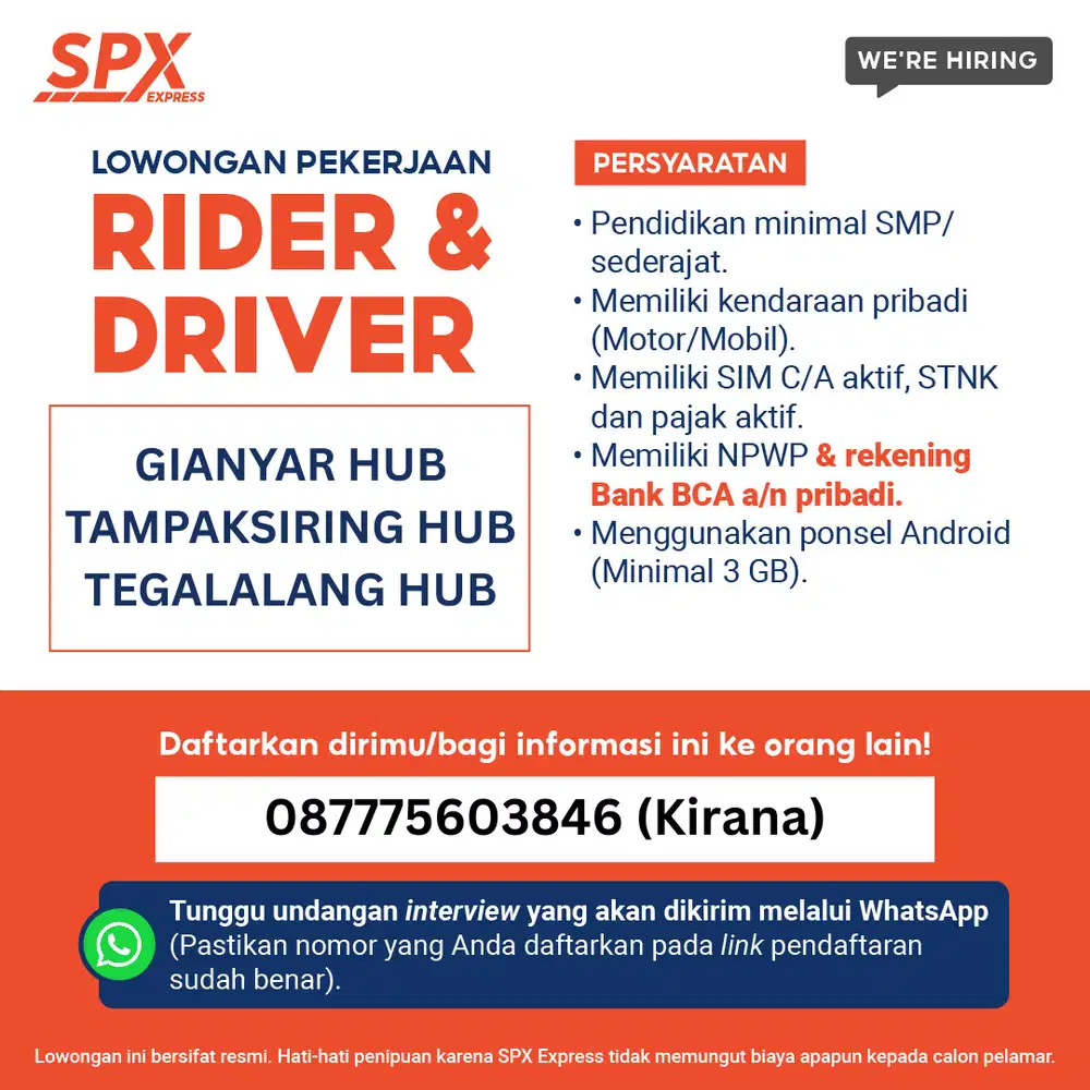 LOWONGAN PEKERJAAN KURIR MOTOR DAN MOBIL SPX EXPRESS, AREA : GIANYARAN