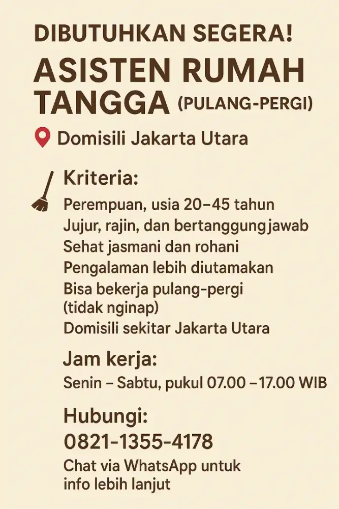 Dibutuhkan Asisten Rumah Tangga (Jakarta Utara)