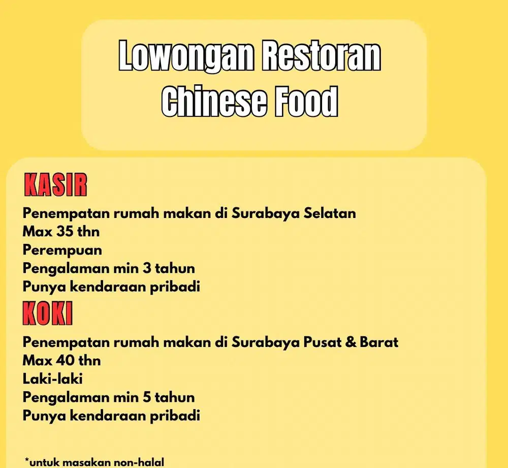 LOWONGAN RESTORAN CHINESE FOOD