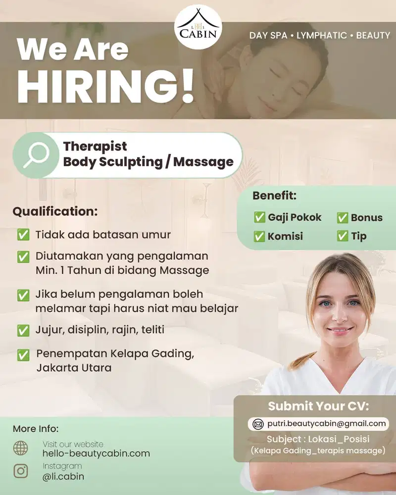 Lowongan Kerja – Terapist Massage + Beautician Beauty Cabin