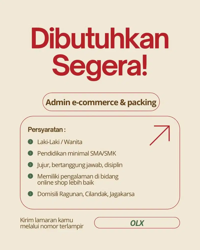 Lowongan Pekerjaan Admin Online Shop | daerah Ragunan