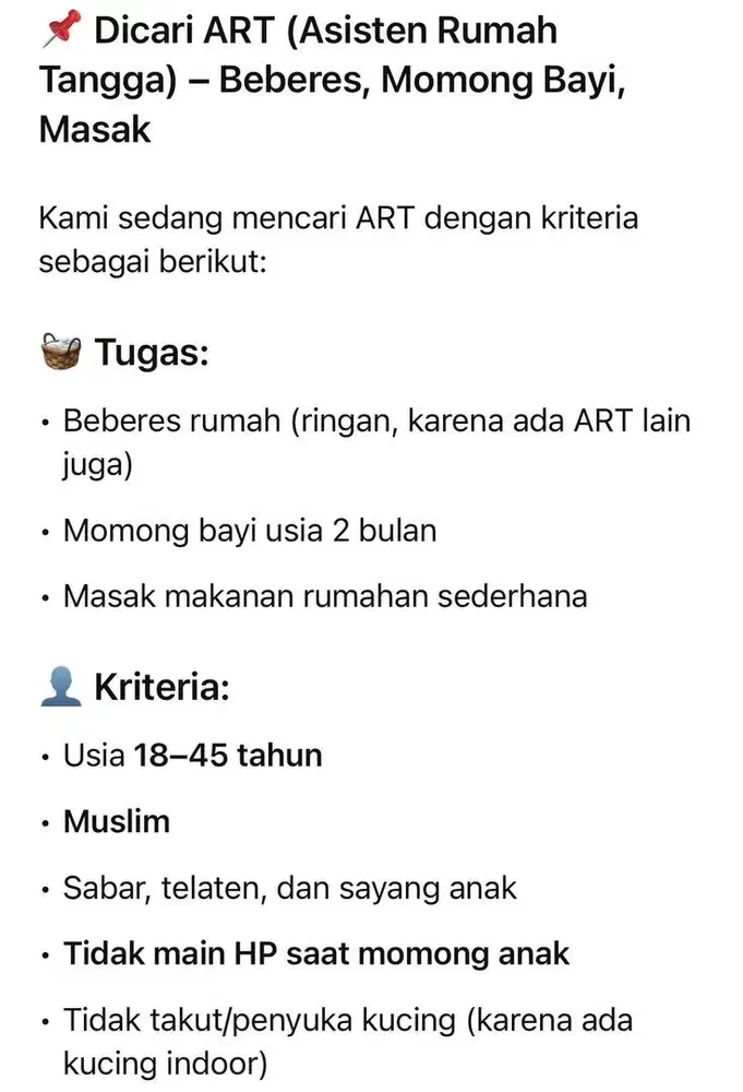Dicari ART (Asisten Rumah Tangga) – Beberes, Momong Bayi, Masak