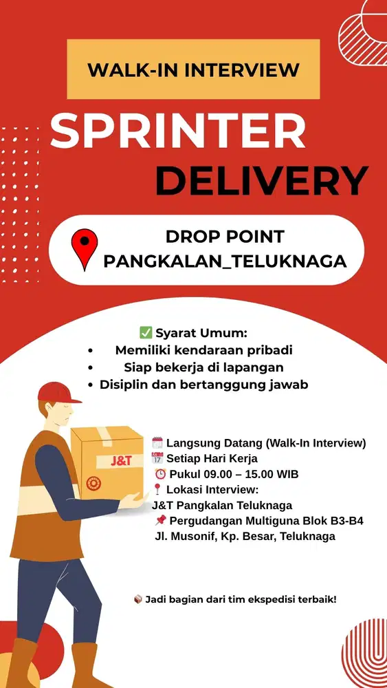 LOWONGAN KERJA SPRINTER DELIVERY J&T Express - DROP POINT TELUKNAGA