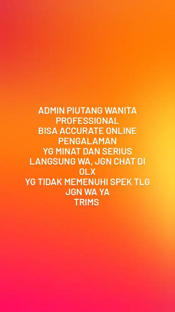 Dibutuhkan admin piutang wanita, bisa accurate