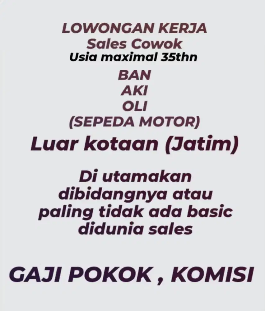 Lowongan kerja sales sparepart sepeda motor area Jawa Timur.