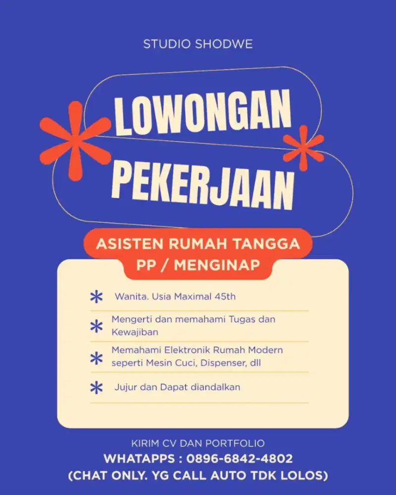 Dibutuhkan ART / Asisten Rumah Tangga / PRT