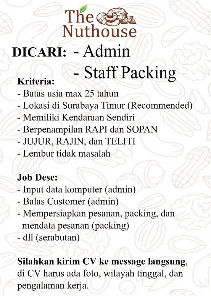 Dicari Admin & Staff Packing Area Surabaya Timur