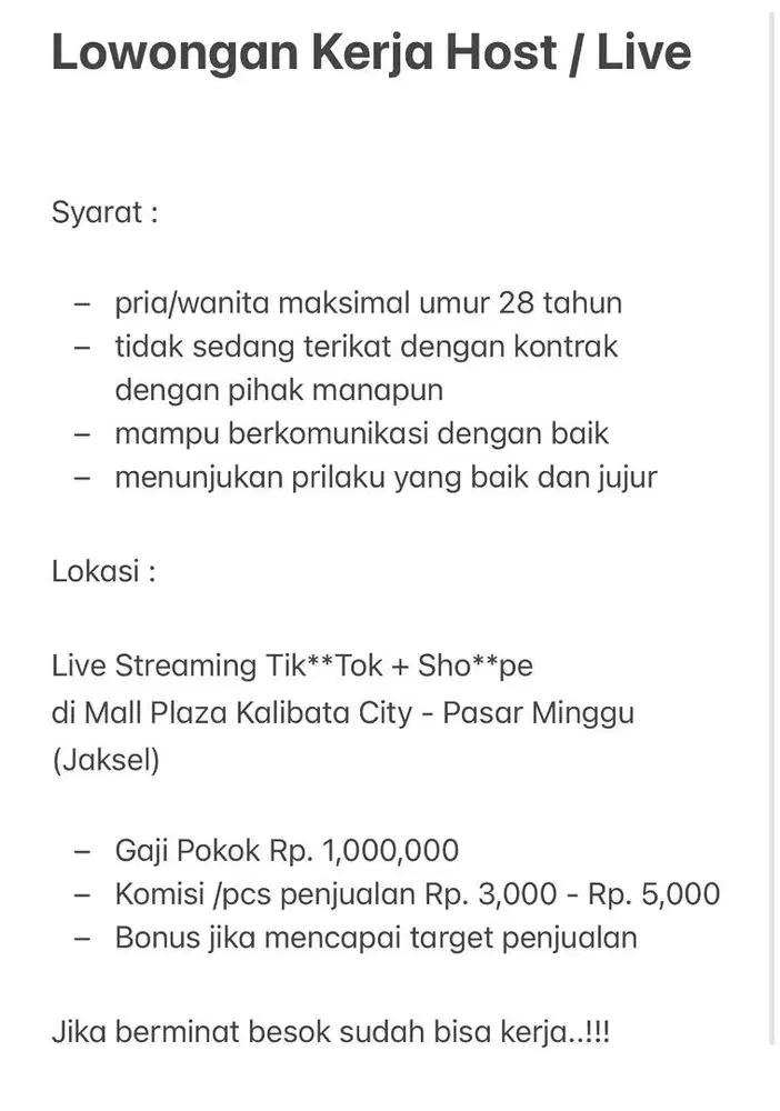 Lowongan Kerja Host Live Streaming