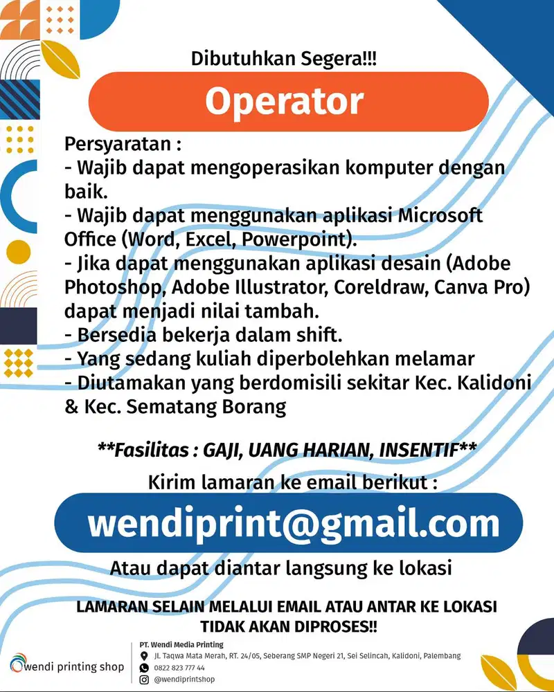 Dibutuhkan segera pegawai untuk bekerja di Percetakan & Fotocopy