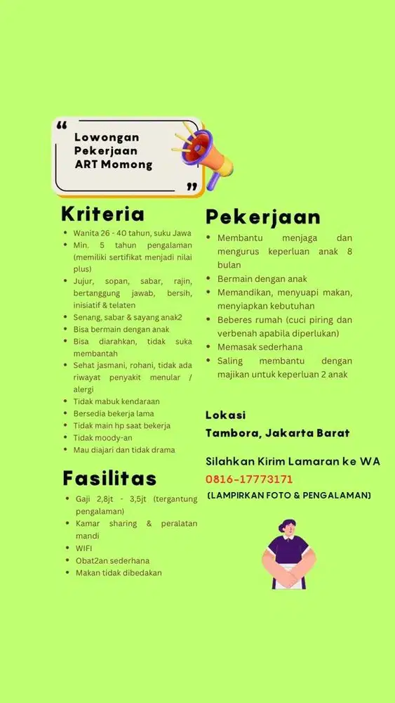 Lowongan art momong sayang anak wilayah jakarta