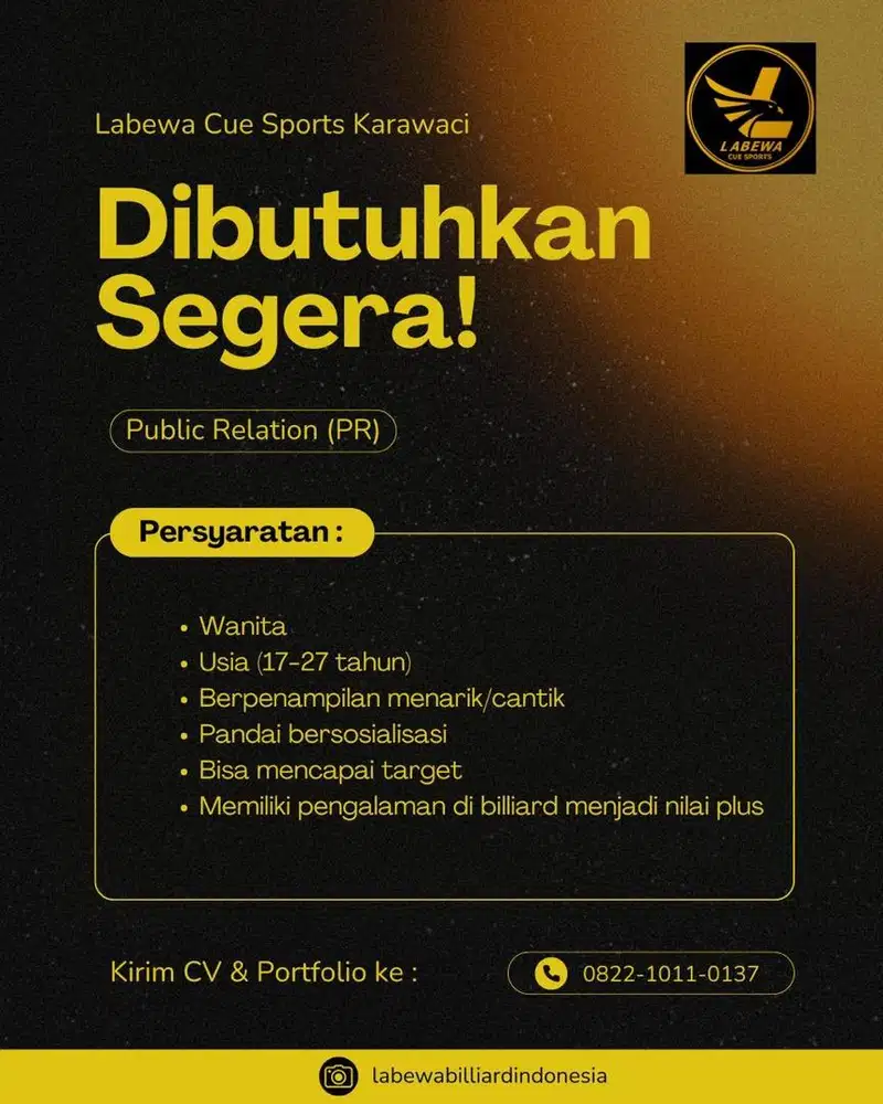 LOWONGAN KERJA PR BILLIARD (BUTUH CEPAT)