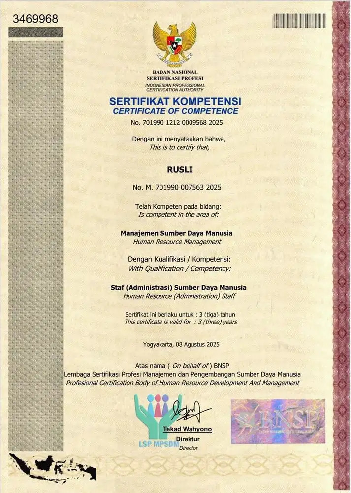 Pengalaman kerja hrd 4 tahun dan certified bnsp HR
