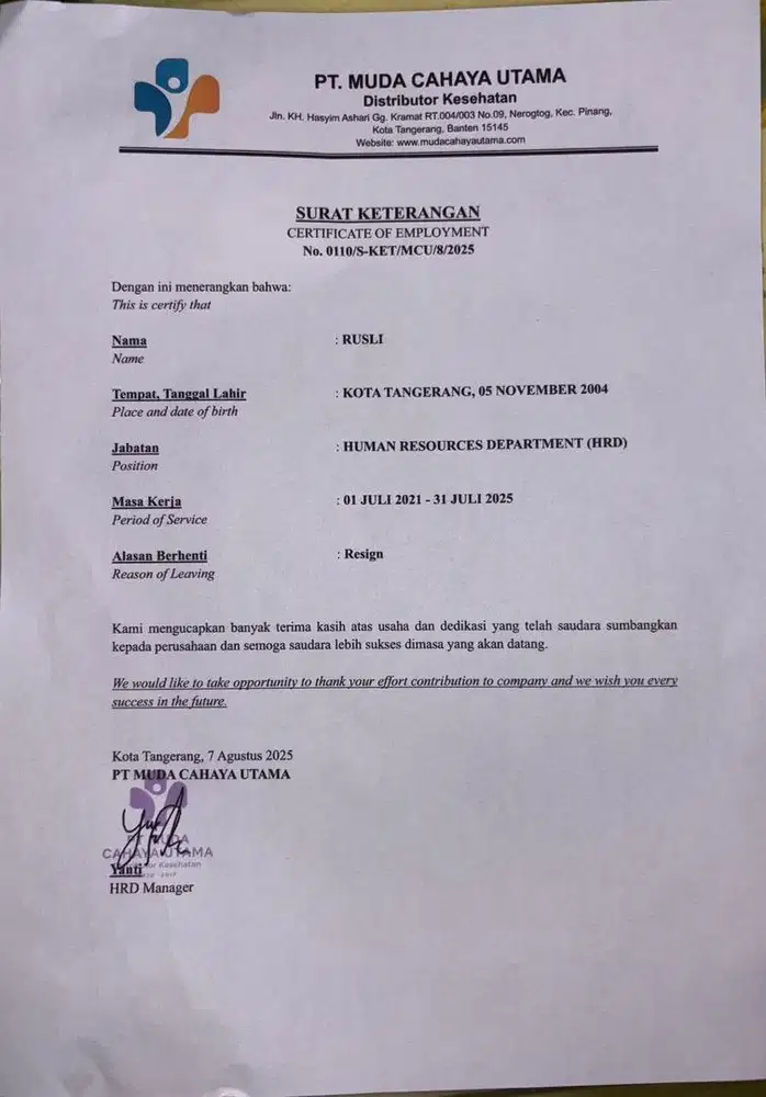 Pengalaman kerja hrd 4 tahun dan certified bnsp HR